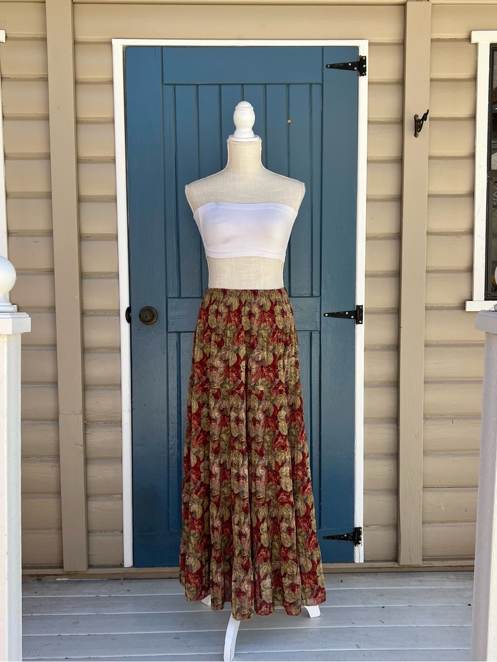 NASHALYLY Autumnal Leaf Print Pleated Maxi Skirt - Boho Cottagecore, Size M